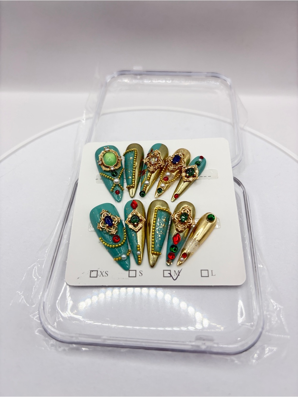 Y2K Handmade Teal and Gold Jeweled Stiletto Press-On Nails